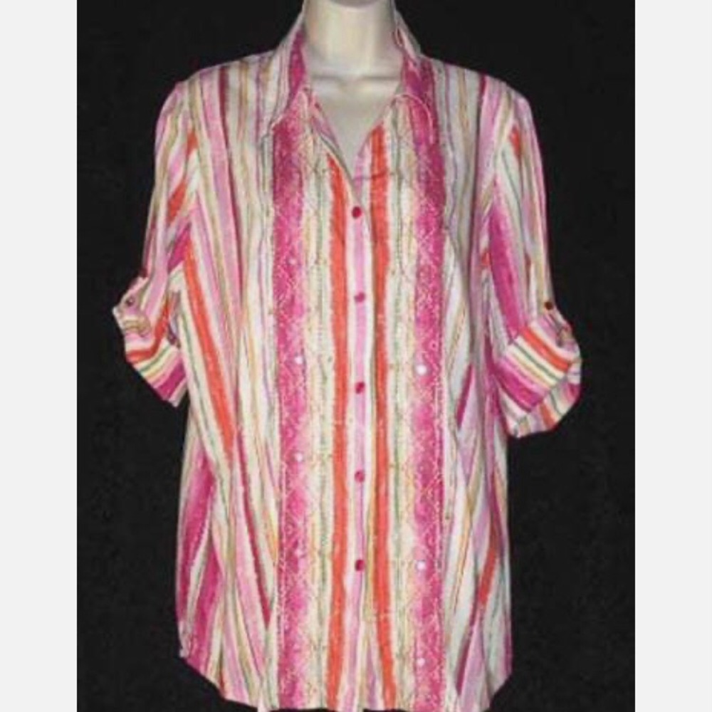 NAPA VALLEY shirt sz L top Stripes Roll Tab Sleeve